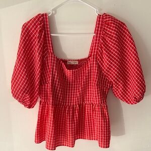 Moa Moa Red Checked Puff-Sleeve Peplum Blouse